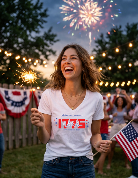Women's Celebrating 250 Years USA T-Shirt | 1776 Patriotic 4th of July Shirt | Happy Birthday America Tee